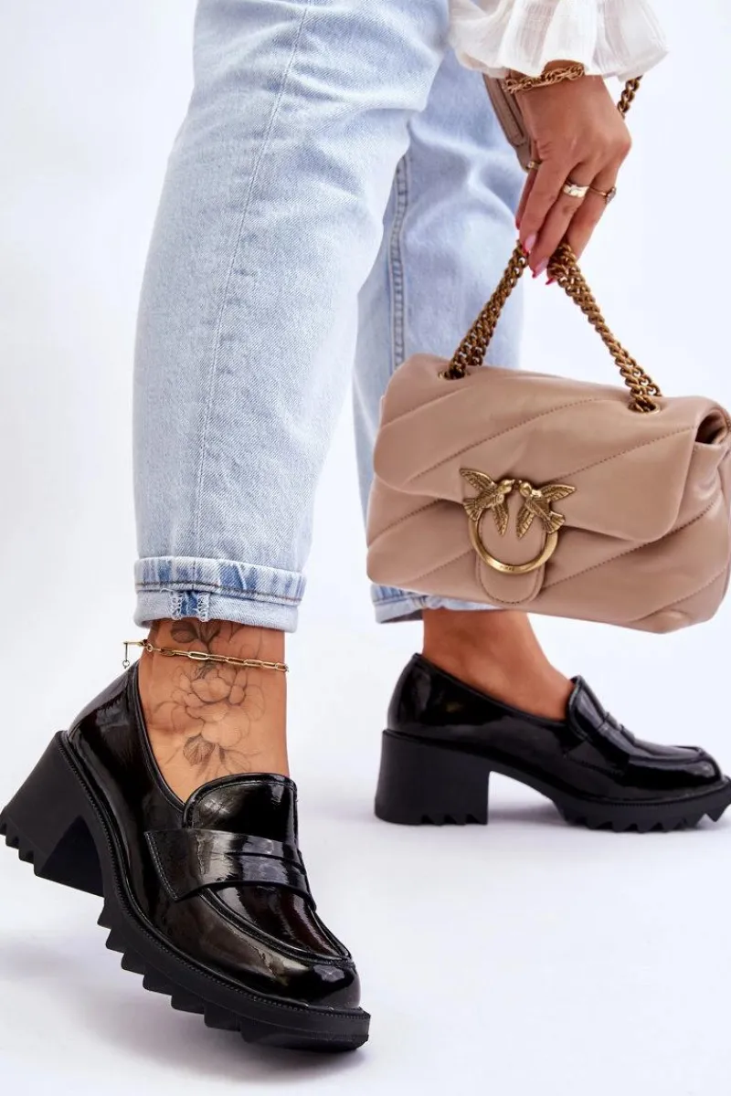 Clearance Damskie buty S.Barski Lakierowane Czółenka Mokasyny Na Obcasie Czarne Jay