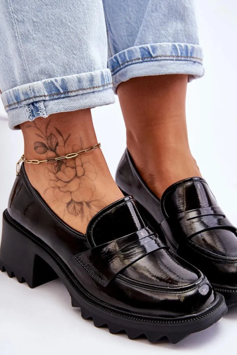 Clearance Damskie buty S.Barski Lakierowane Czółenka Mokasyny Na Obcasie Czarne Jay