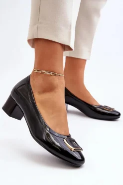 Best Buty damskie Vinceza Lakierowane Czółenka Na Klocku Z Ozdobą Czarne Enollia