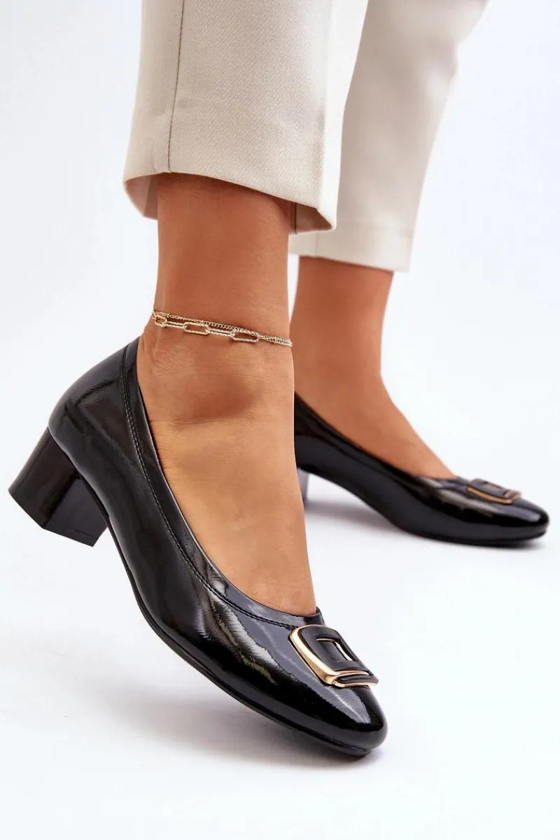 Best Buty damskie Vinceza Lakierowane Czółenka Na Klocku Z Ozdobą Czarne Enollia