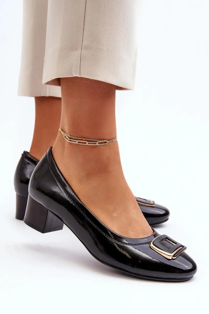 Best Buty damskie Vinceza Lakierowane Czółenka Na Klocku Z Ozdobą Czarne Enollia
