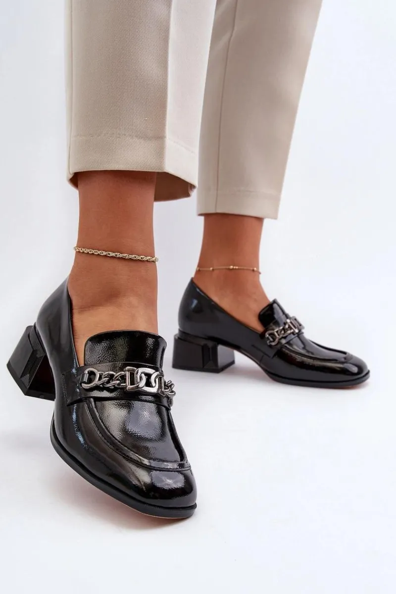 Czółenka Klasyczne>Damskie buty S.Barski Lakierowane Czółenka Na Klocku Czarne S.Barski MR38-960 Czarny