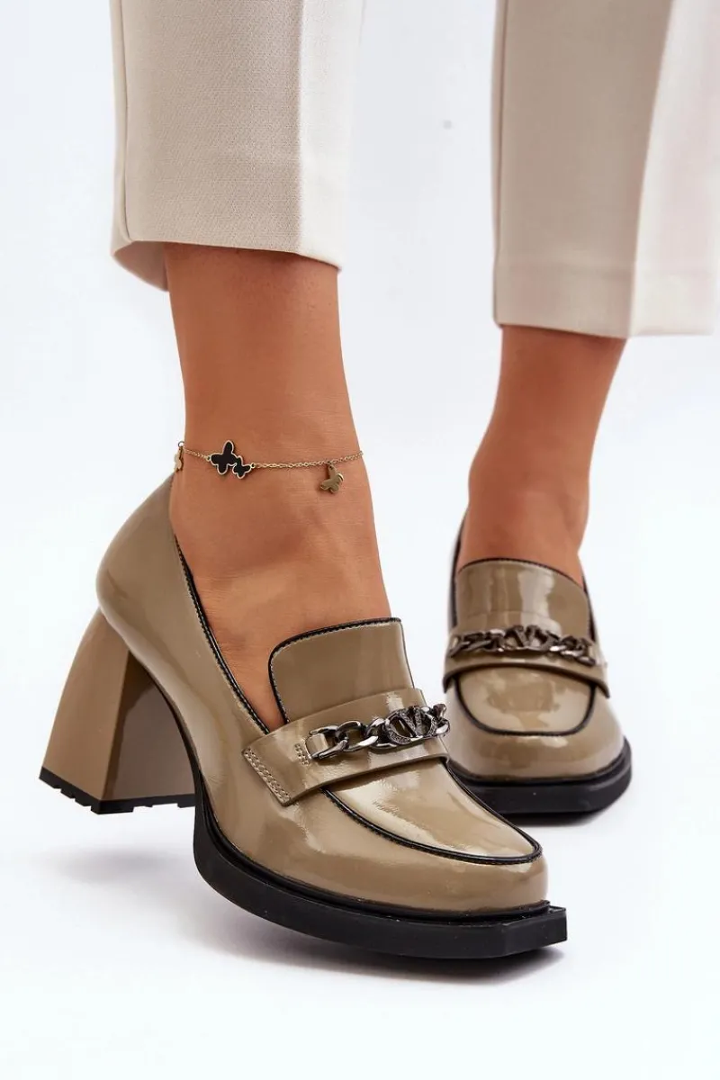 Lakierowane Czółenka Na Masywnym Obcasie Zielone Terimene Damskie Czółenka Na Platformie|Czółenka Na Słupku