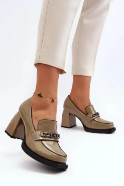 Lakierowane Czółenka Na Masywnym Obcasie Zielone Terimene Damskie Czółenka Na Platformie|Czółenka Na Słupku