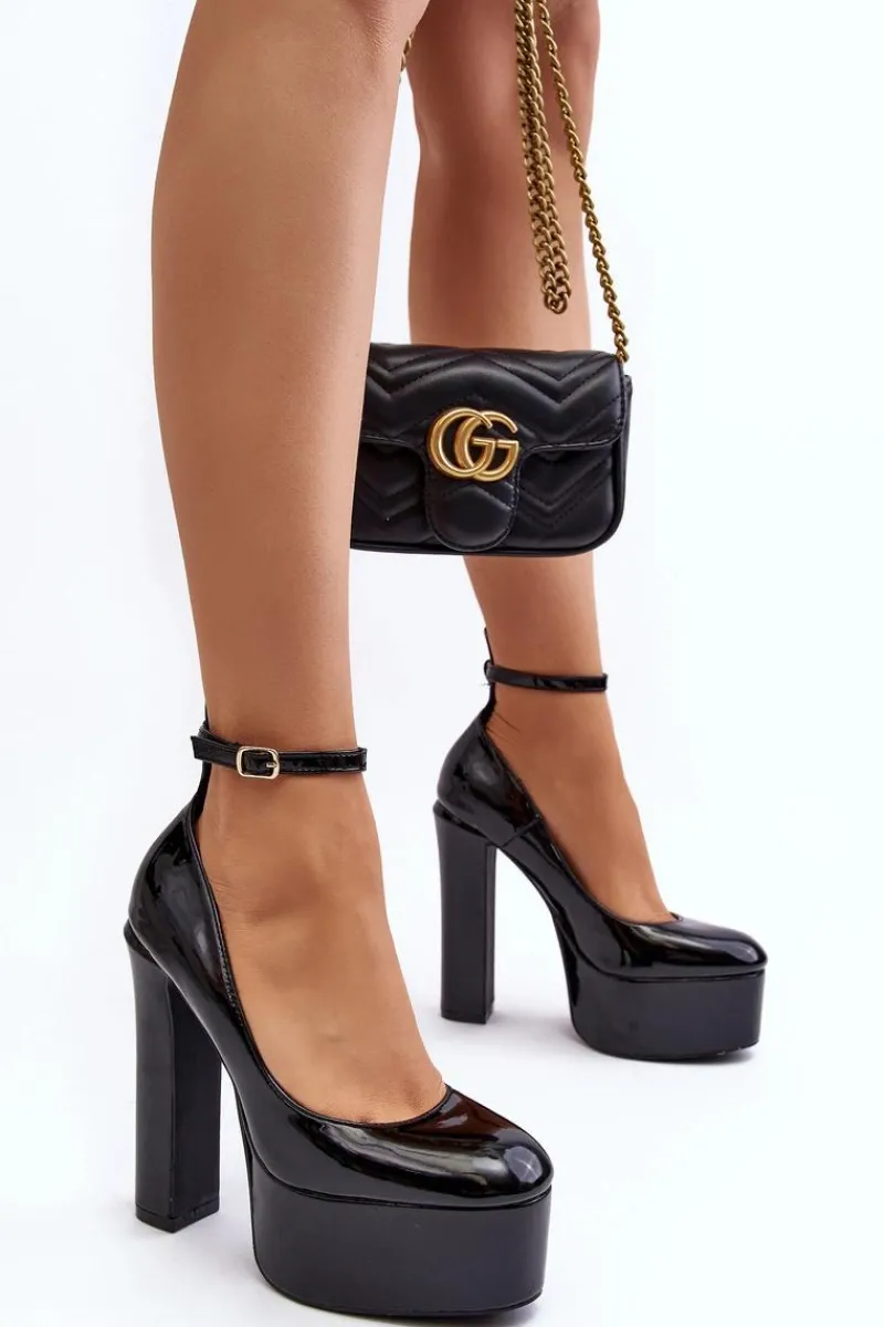 New Boto Lakierowane Czółenka Na Masywnej Platformie I Słupku Czarne Ninames