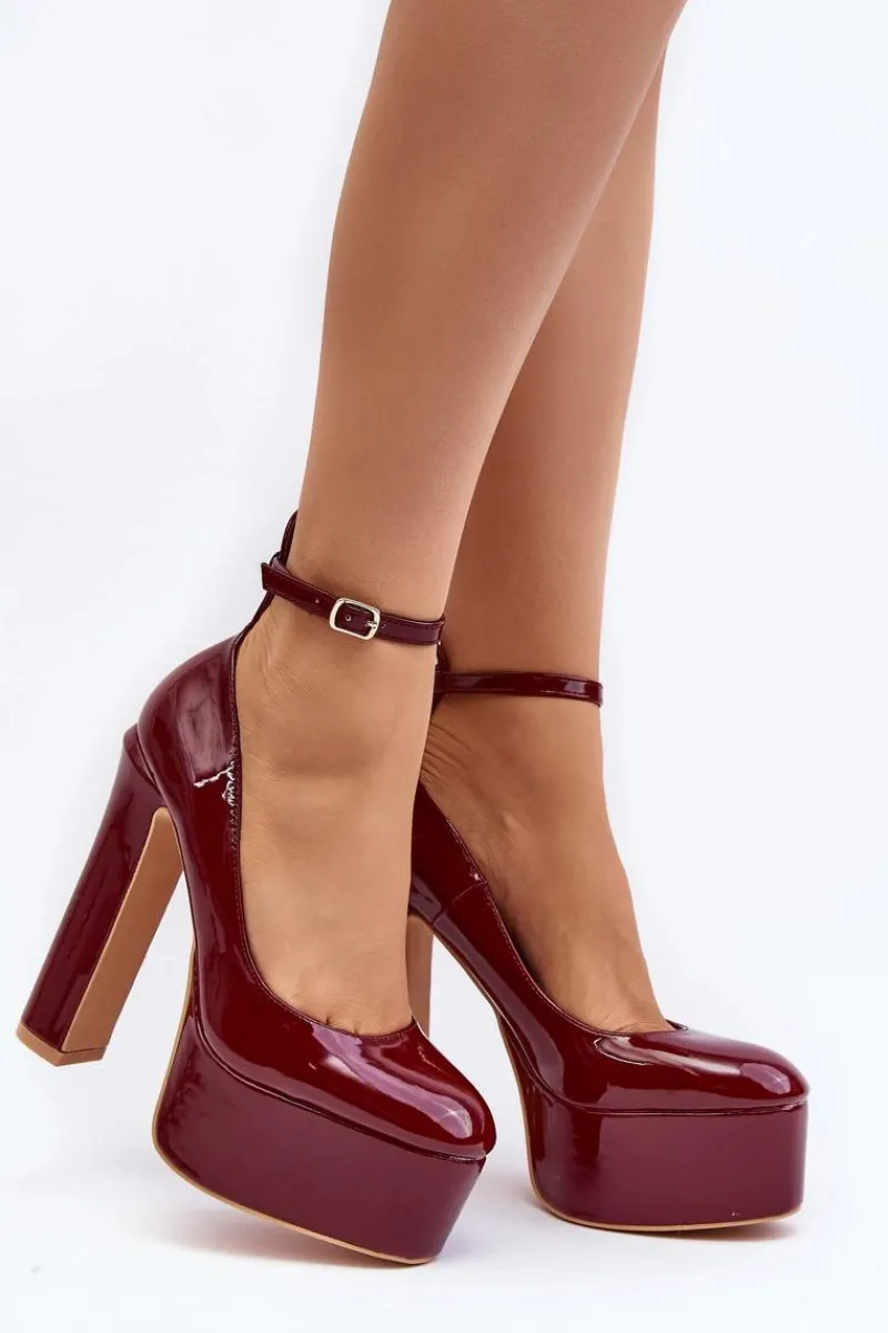 Clearance Boto Lakierowane Czółenka Na Masywnej Platformie I Słupku Bordowe Ninames