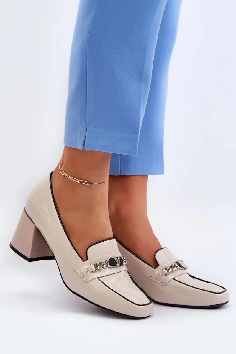 Online Lakierowane Czółenka Na Niskim Obcasie Z Ozdobą Beżowe Makki Damskie Czółenka Na Słupku|Czółenka Klasyczne