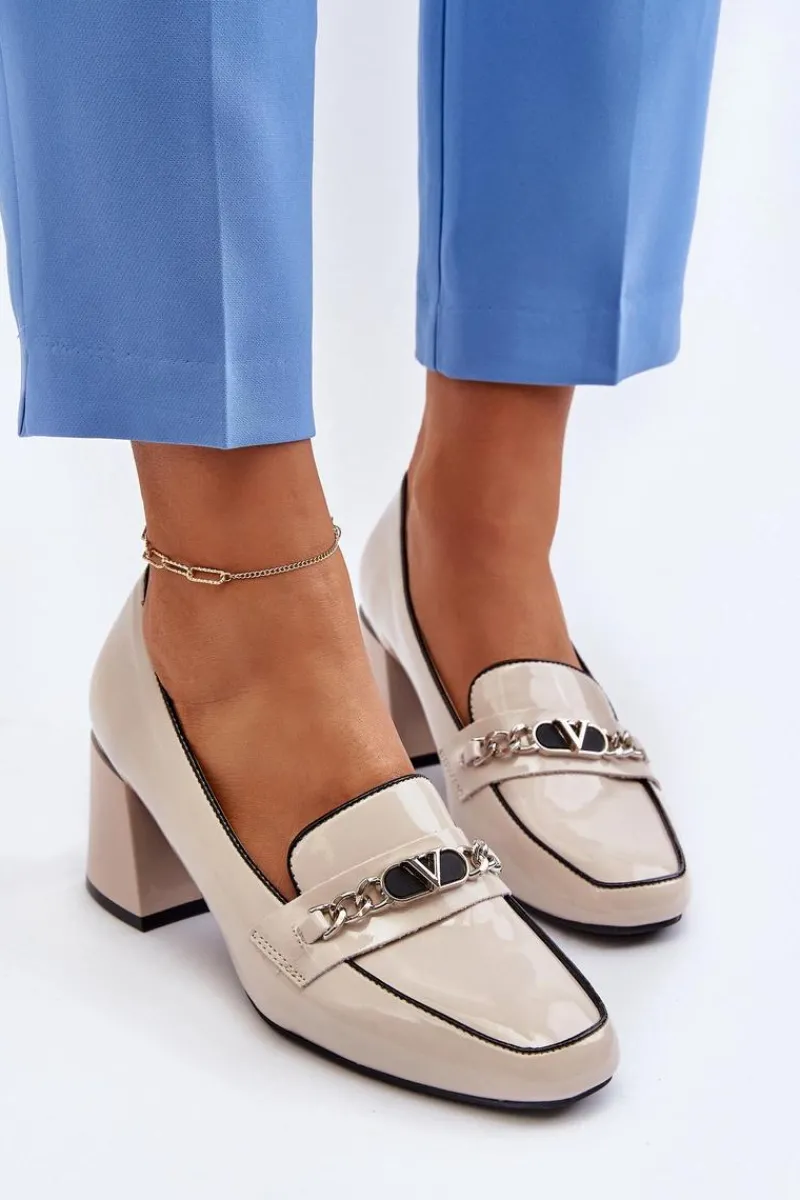 Online Lakierowane Czółenka Na Niskim Obcasie Z Ozdobą Beżowe Makki Damskie Czółenka Na Słupku|Czółenka Klasyczne