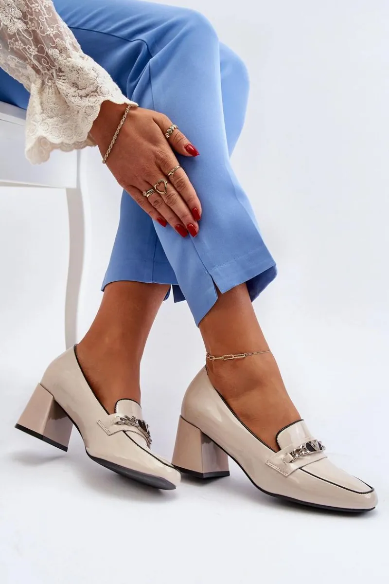 Online Lakierowane Czółenka Na Niskim Obcasie Z Ozdobą Beżowe Makki Damskie Czółenka Na Słupku|Czółenka Klasyczne