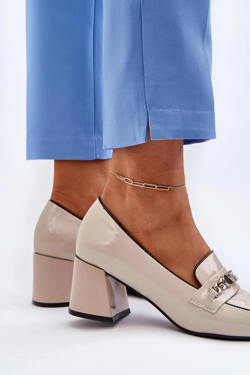 Online Lakierowane Czółenka Na Niskim Obcasie Z Ozdobą Beżowe Makki Damskie Czółenka Na Słupku|Czółenka Klasyczne