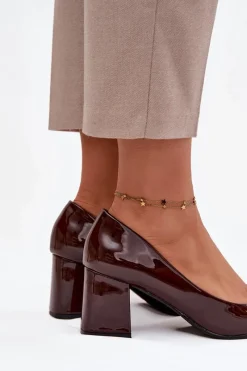 Sale Boto Lakierowane Czółenka Na Słupku Z Ozdobą Czekoladowe Isoline Brązowy