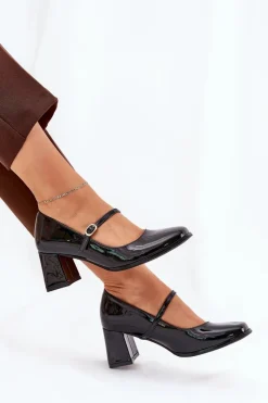 Outlet Boto Lakierowane Czółenka Na Słupku Z Paskiem I Sprzączką Czarne Tammirea