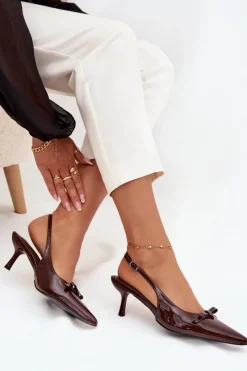 New Lakierowane Czółenka Na Szpilce Z Kokardką Czekoladowe Olvena Damskie Szpilki Lakierowane|Czółenka Klasyczne