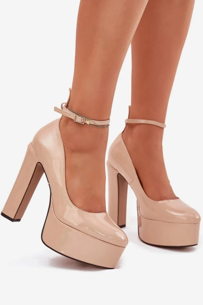 Hot Boto Lakierowane Czółenka Na Wysokim Słupku I Platformie Beżowe Nianka