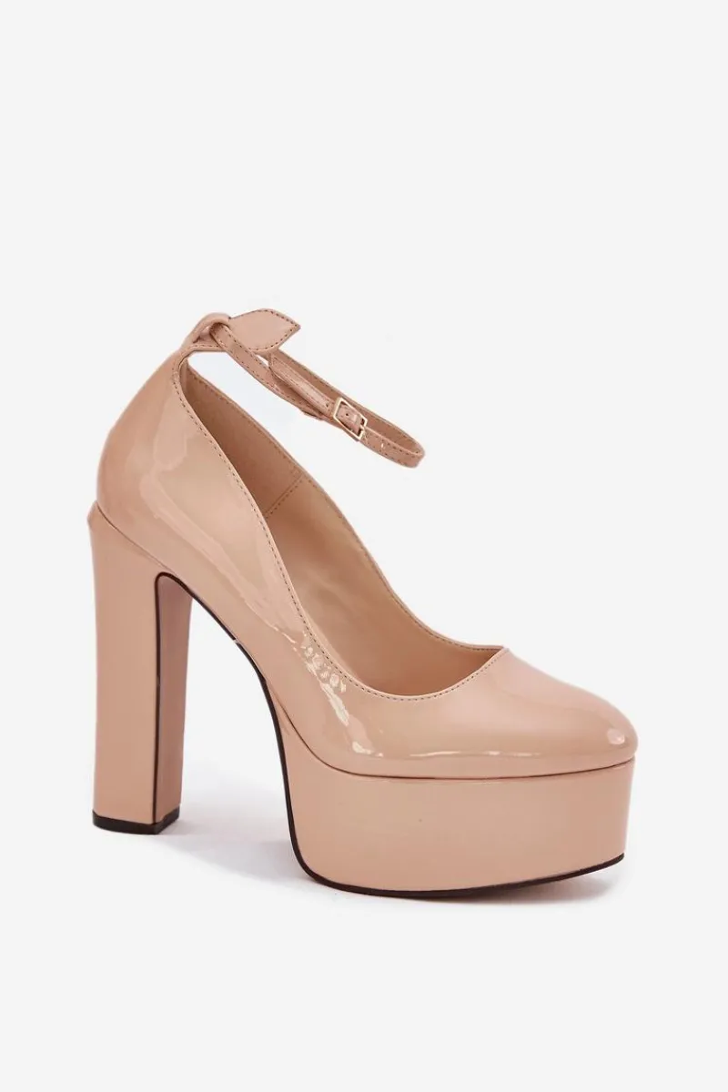 Hot Boto Lakierowane Czółenka Na Wysokim Słupku I Platformie Beżowe Nianka