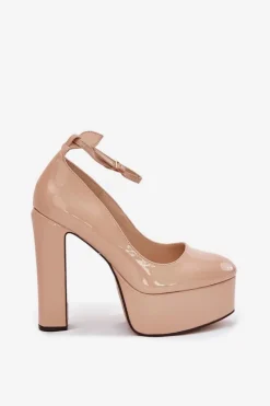 Hot Boto Lakierowane Czółenka Na Wysokim Słupku I Platformie Beżowe Nianka