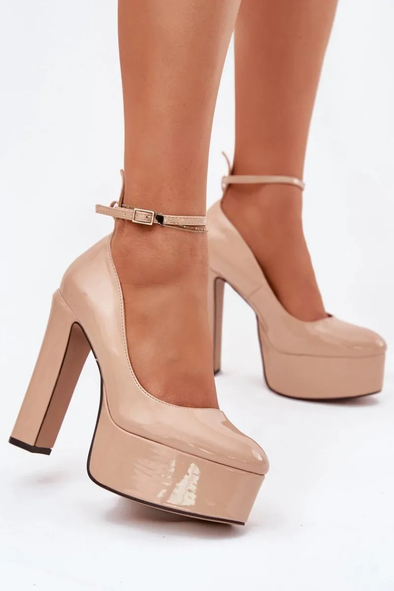 Hot Boto Lakierowane Czółenka Na Wysokim Słupku I Platformie Beżowe Nianka