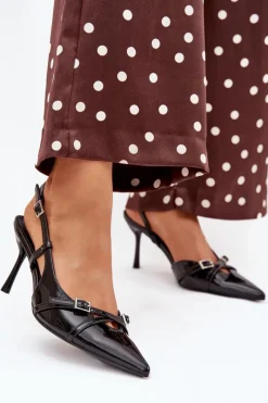 Clearance Boto Lakierowane Czółenka Z Odkrytą Piętą I Paseczkami Czarne Ravira Czarny