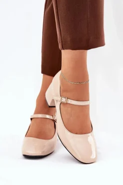Hot Boto Lakierowane Czółenka Z Paskiem I Sprzączką Beżowe Savilae