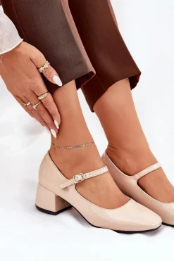 Hot Boto Lakierowane Czółenka Z Paskiem I Sprzączką Beżowe Savilae