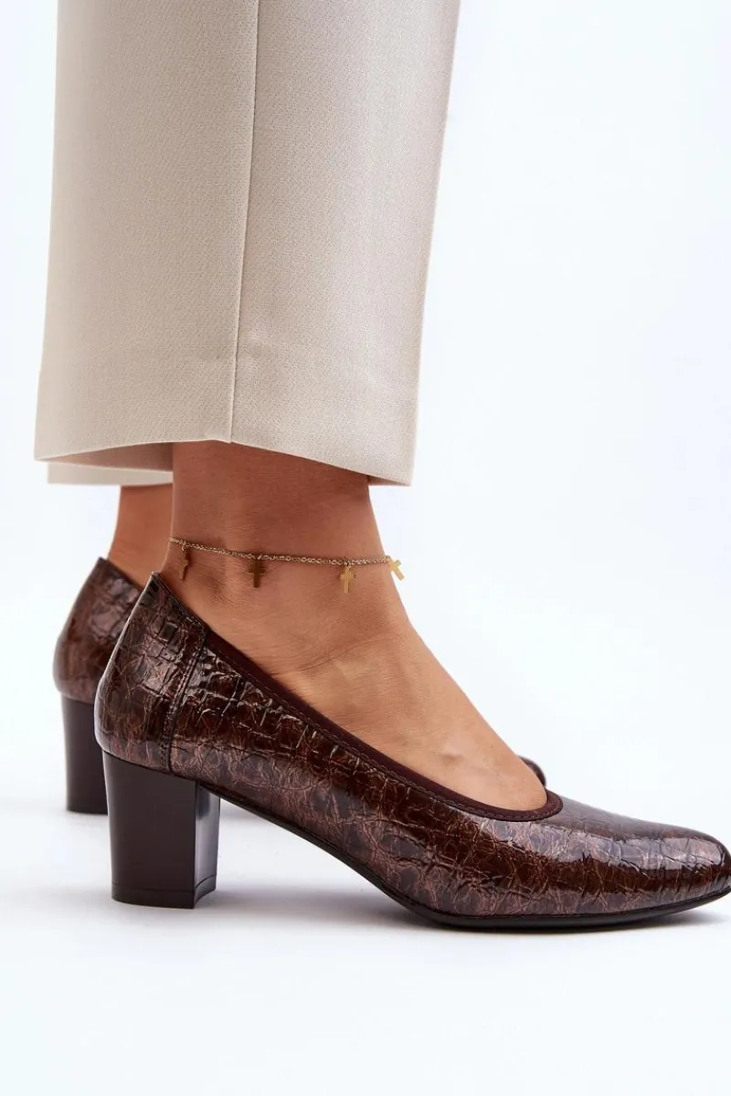 Sale Lakierowane Czółenka Z Tłoczeniem Brązowe Cynania Damskie Czółenka Na Słupku|Czółenka Klasyczne