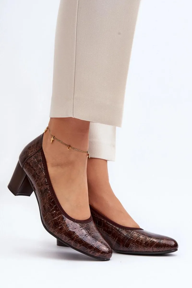 Sale Lakierowane Czółenka Z Tłoczeniem Brązowe Cynania Damskie Czółenka Na Słupku|Czółenka Klasyczne