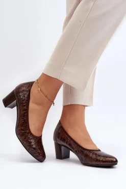 Sale Lakierowane Czółenka Z Tłoczeniem Brązowe Cynania Damskie Czółenka Na Słupku|Czółenka Klasyczne