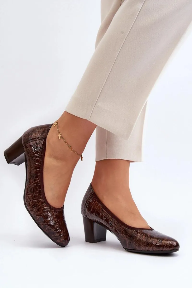 Sale Lakierowane Czółenka Z Tłoczeniem Brązowe Cynania Damskie Czółenka Na Słupku|Czółenka Klasyczne