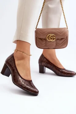 Sale Lakierowane Czółenka Z Tłoczeniem Brązowe Cynania Damskie Czółenka Na Słupku|Czółenka Klasyczne