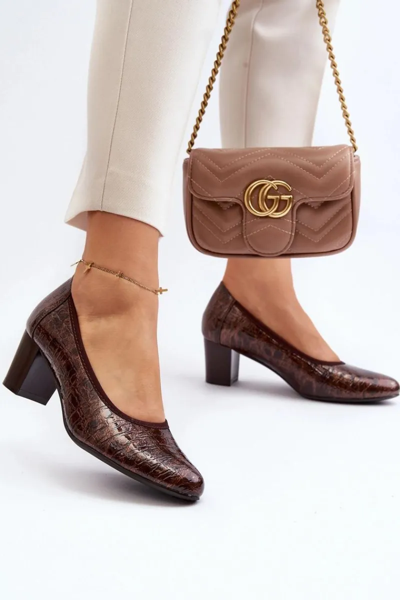 Sale Lakierowane Czółenka Z Tłoczeniem Brązowe Cynania Damskie Czółenka Na Słupku|Czółenka Klasyczne