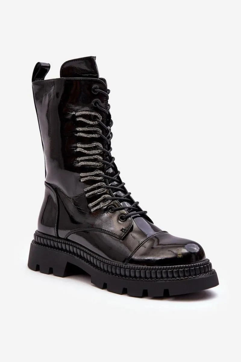 Botki Ocieplane|Botki Sznurowane>Damskie buty S.Barski Lakierowane Damskie Botki Workery Sznurowane Czarne S.Barski MR870-72