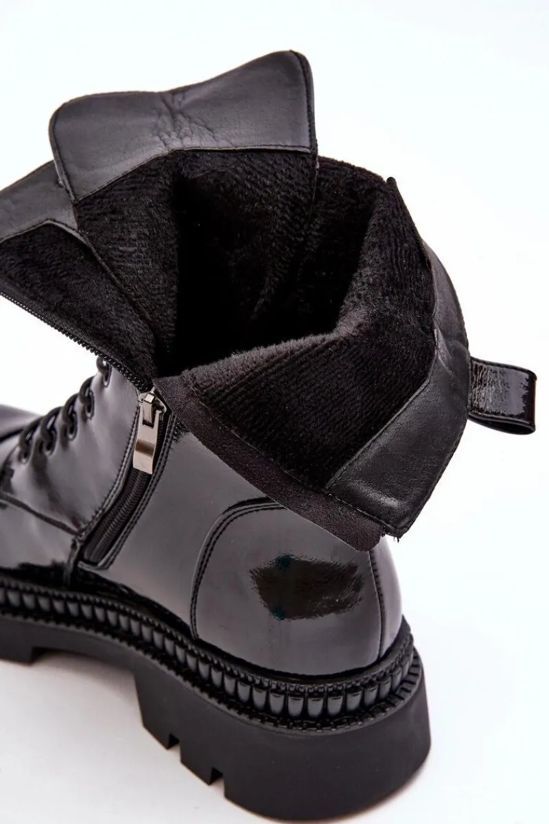 Botki Ocieplane|Botki Sznurowane>Damskie buty S.Barski Lakierowane Damskie Botki Workery Sznurowane Czarne S.Barski MR870-72