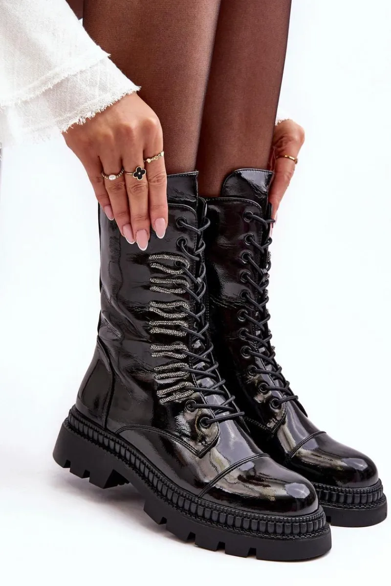 Botki Ocieplane|Botki Sznurowane>Damskie buty S.Barski Lakierowane Damskie Botki Workery Sznurowane Czarne S.Barski MR870-72