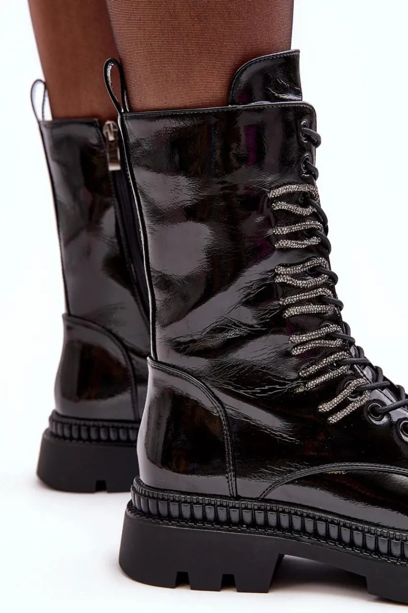 Botki Ocieplane|Botki Sznurowane>Damskie buty S.Barski Lakierowane Damskie Botki Workery Sznurowane Czarne S.Barski MR870-72