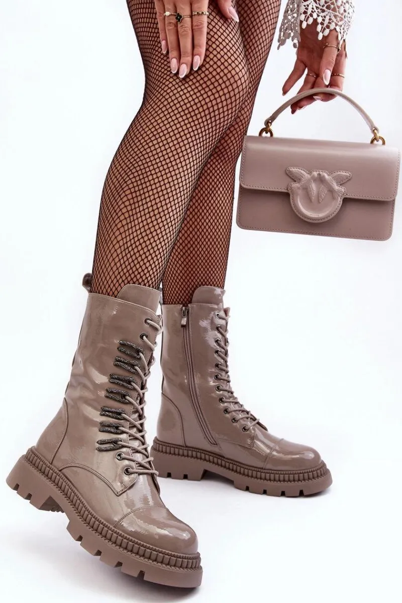 Clearance Damskie buty S.Barski Lakierowane Damskie Botki Workery Sznurowane Ciemnobeżowe S.Barski MR870-72