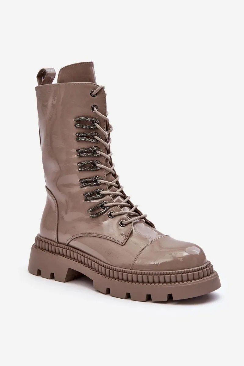 Clearance Damskie buty S.Barski Lakierowane Damskie Botki Workery Sznurowane Ciemnobeżowe S.Barski MR870-72