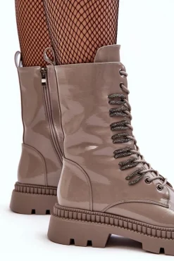 Clearance Damskie buty S.Barski Lakierowane Damskie Botki Workery Sznurowane Ciemnobeżowe S.Barski MR870-72