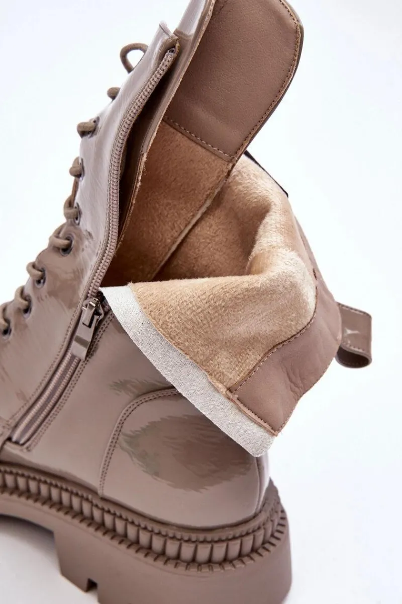 Clearance Damskie buty S.Barski Lakierowane Damskie Botki Workery Sznurowane Ciemnobeżowe S.Barski MR870-72