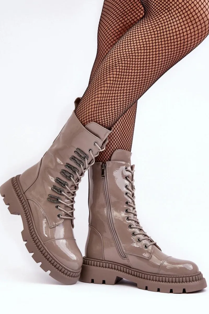 Clearance Damskie buty S.Barski Lakierowane Damskie Botki Workery Sznurowane Ciemnobeżowe S.Barski MR870-72