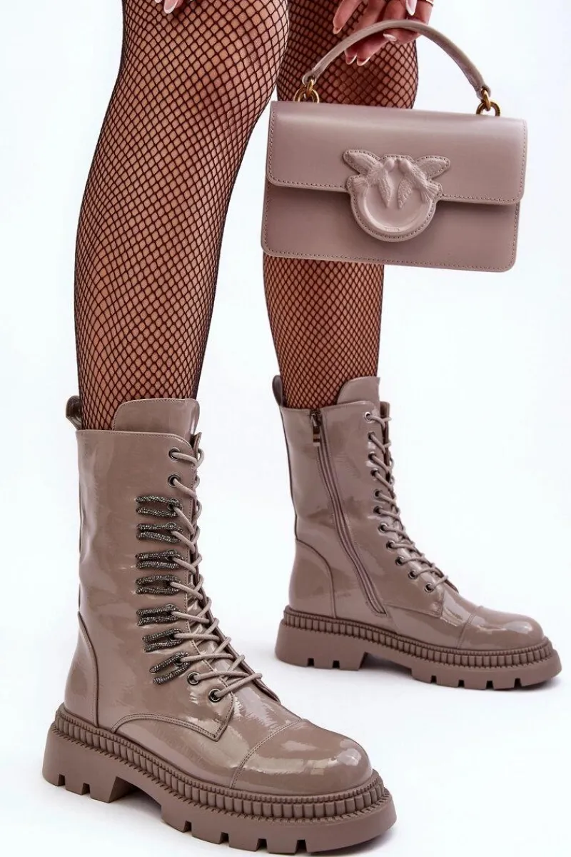 Clearance Damskie buty S.Barski Lakierowane Damskie Botki Workery Sznurowane Ciemnobeżowe S.Barski MR870-72