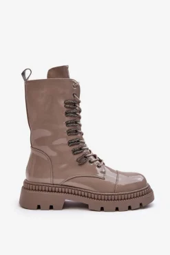 Clearance Damskie buty S.Barski Lakierowane Damskie Botki Workery Sznurowane Ciemnobeżowe S.Barski MR870-72