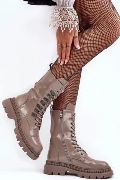 Clearance Damskie buty S.Barski Lakierowane Damskie Botki Workery Sznurowane Ciemnobeżowe S.Barski MR870-72