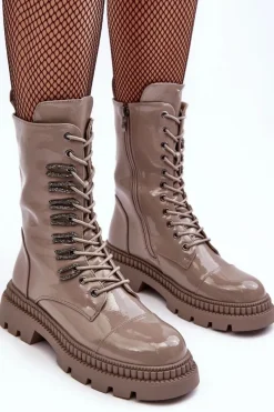 Clearance Damskie buty S.Barski Lakierowane Damskie Botki Workery Sznurowane Ciemnobeżowe S.Barski MR870-72