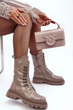 Clearance Damskie buty S.Barski Lakierowane Damskie Botki Workery Sznurowane Ciemnobeżowe S.Barski MR870-72