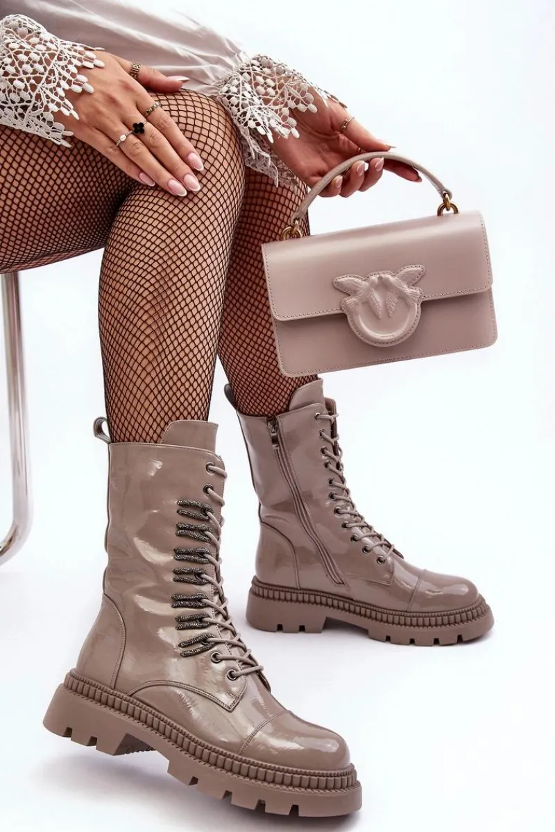 Clearance Damskie buty S.Barski Lakierowane Damskie Botki Workery Sznurowane Ciemnobeżowe S.Barski MR870-72