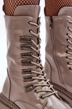 Clearance Damskie buty S.Barski Lakierowane Damskie Botki Workery Sznurowane Ciemnobeżowe S.Barski MR870-72