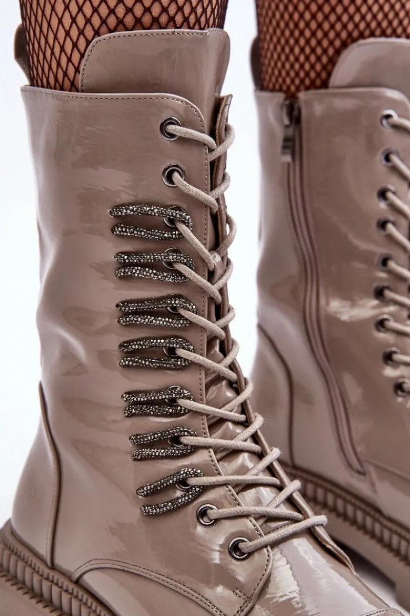 Clearance Damskie buty S.Barski Lakierowane Damskie Botki Workery Sznurowane Ciemnobeżowe S.Barski MR870-72