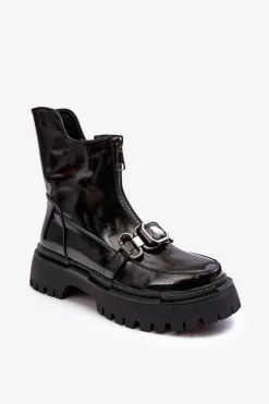 Best Lakierowane Damskie Botki Na Suwak D&A MR870-94 Czarne Damskie Botki Ocieplane|Botki Zimowe Damskie