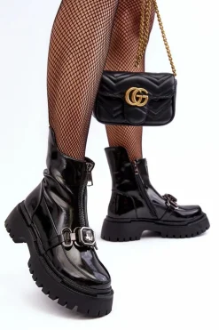 Best Lakierowane Damskie Botki Na Suwak D&A MR870-94 Czarne Damskie Botki Ocieplane|Botki Zimowe Damskie