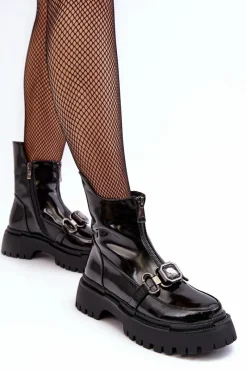 Best Lakierowane Damskie Botki Na Suwak D&A MR870-94 Czarne Damskie Botki Ocieplane|Botki Zimowe Damskie